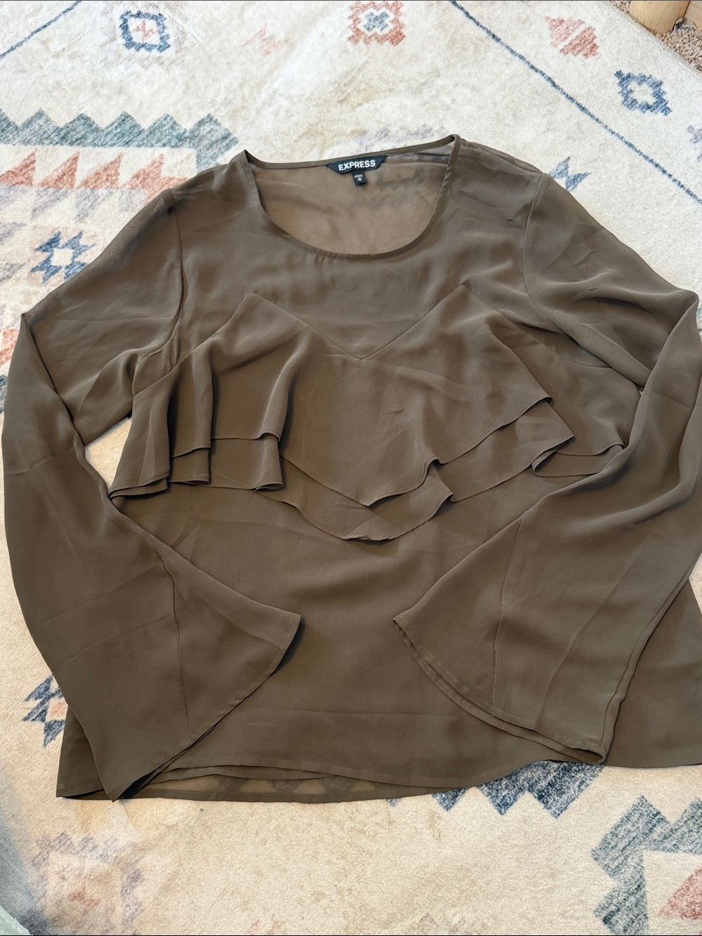 Express Sheer Brown Ruffle Front Flared Sleeve Blouse